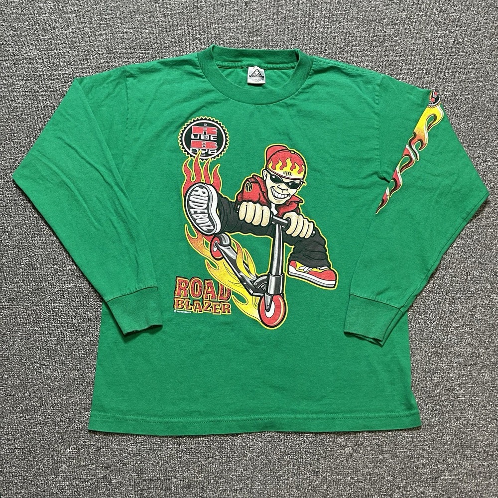 Vintage AAA Rude Boys Road Blazer  Long Sleeve Shirt‎ Youth Large Green Flames